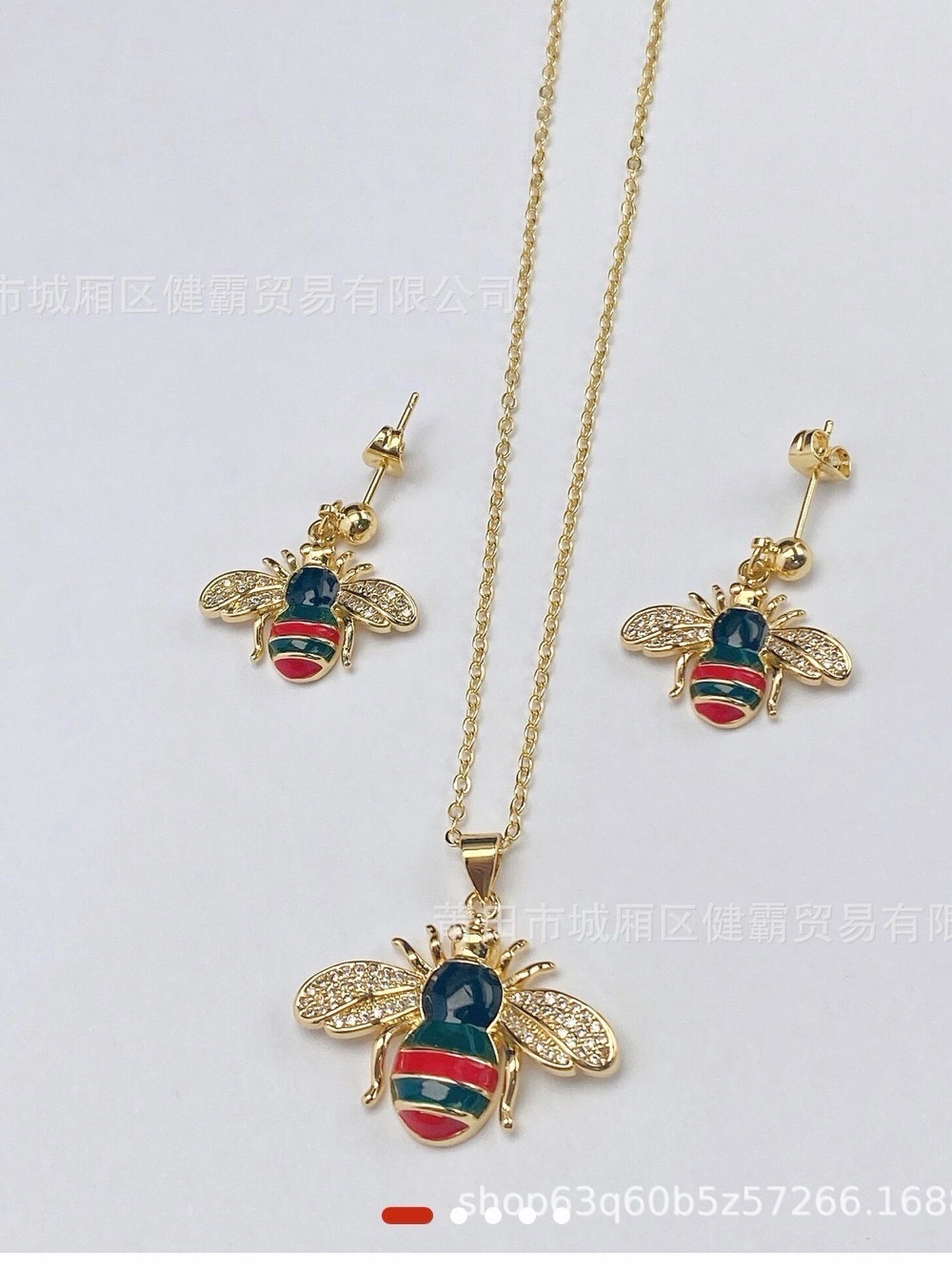 Gold Bee Pendant Necklace and Earring Set in Blue, Red, Green